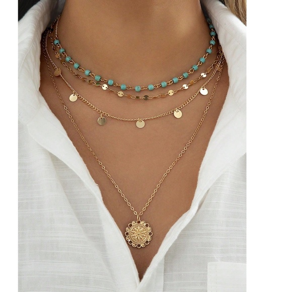 Luxe Gold Tone Blue Bead Multilayer Necklace - Picture 2 of 2